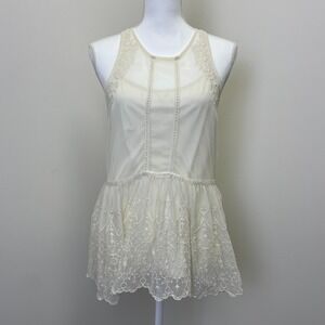 Hollister Cream Embroidered Mesh Babydoll Tank Top Lace Peplum Boho Small